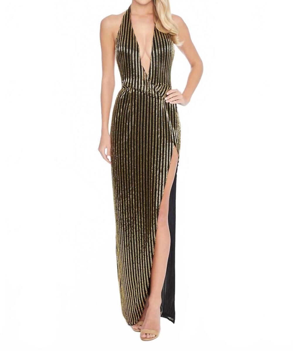 NEW ASHLEYLAUREN striped halter gown in black/gold